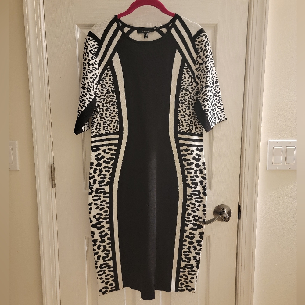 Karen Millen Black and White Leopard-Panel Midi Dress